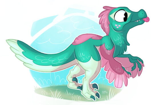 A cute feathery cartoon raptor with its tongue sticking out.